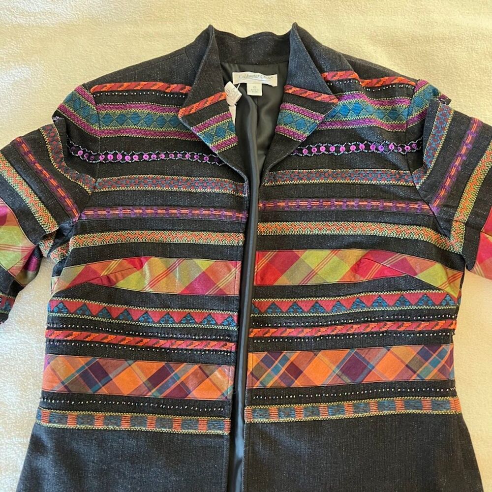 Coldwater Creek Jacket Open Front Black Denim Vibrant Southwestern, Size 10